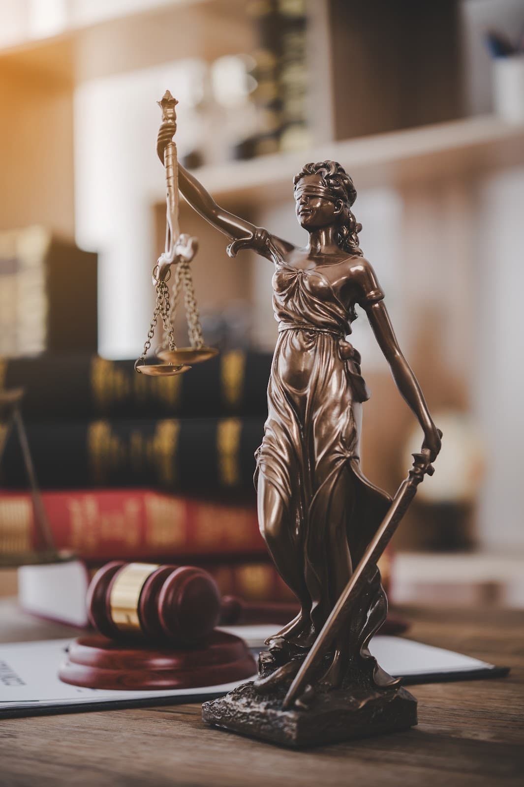 Estatueta da deusa da justiça, martelo de juiz e livros sobre mesa de escritório.