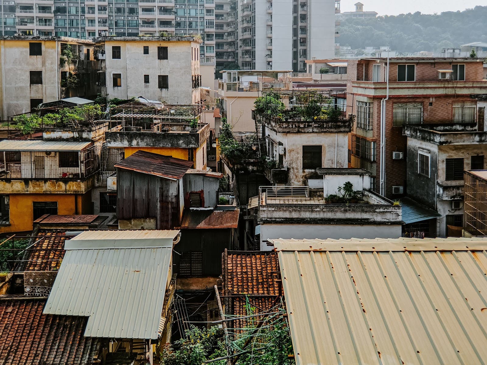 Edificios residenciais antigos e novos em uma paisagem urbana com ceu claro.