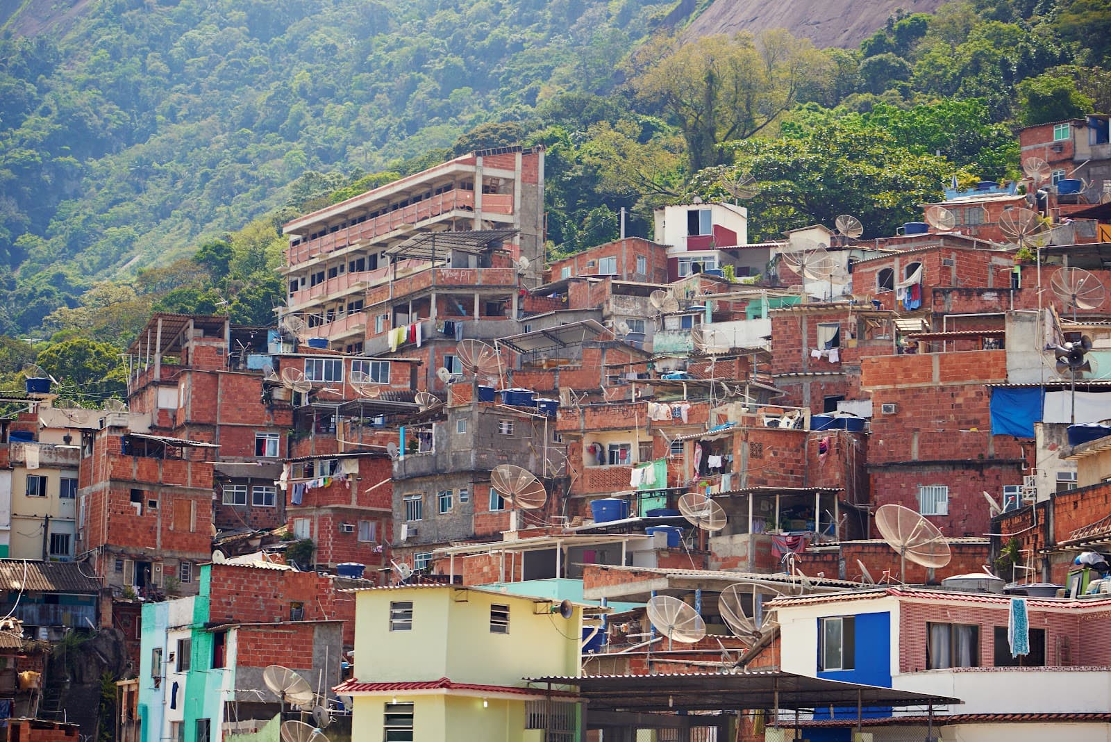 Comunidade urbana em encosta com casas de tijolos em regiao arborizada.