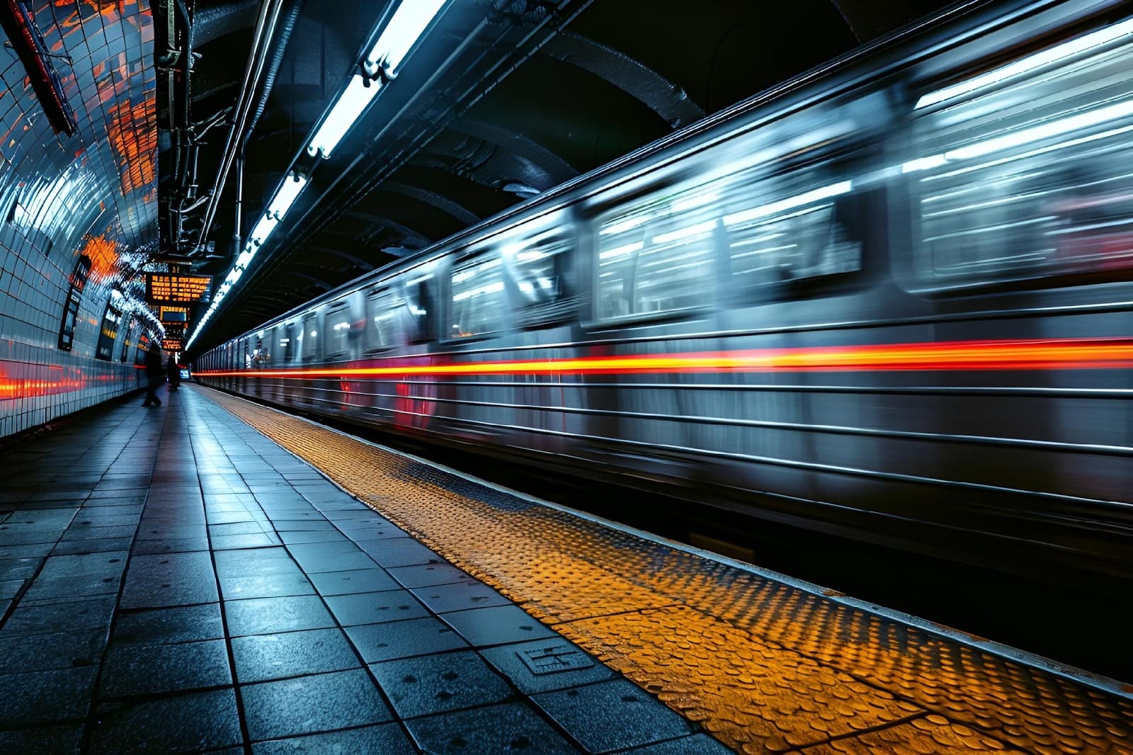 Trens do metro em movimento com alta energia e velocidade.