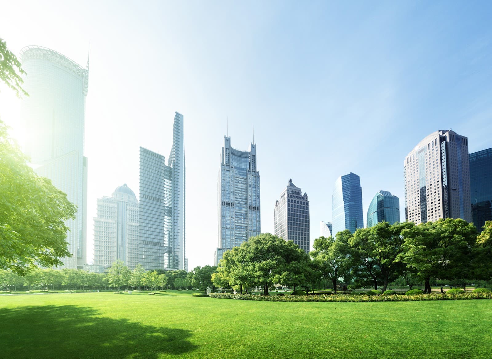 Parque urbano com areas verdes e caminho para pedestres cercado por arvores.